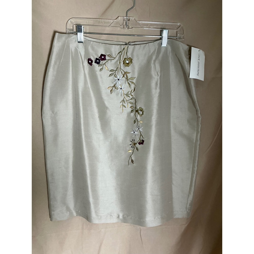 Allison Taylor Silk Shantung Floral Embroidered Skirt Womens 16 Beige New NWT